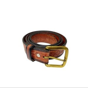 Handmade Leather Tooled Solid Brass Buckle Belt Size 34 Brown